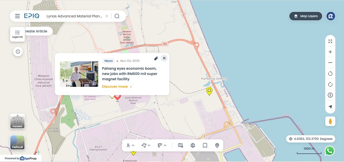 This is an estimated location of the super magnet manufacturing facility next to the advanced materials plant of Lynas in Kuantan. (Source: EPIQ)