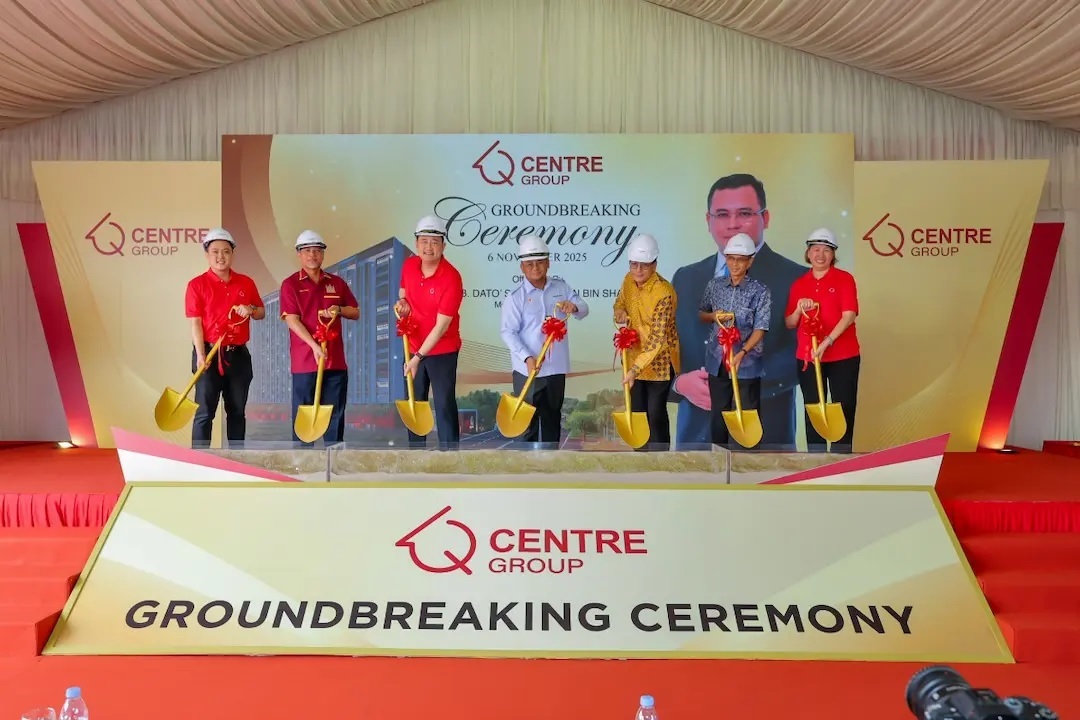 At the groundbreaking ceremony were (from left) Q Centre Group executive director Datuk Leo Ong, Klang City Council mayor Abd Hamid Hussain, Q Centre Group joint MD Simon David Leong, Selangor Menteri Besar Datuk Seri Amirudin Shari, Selangor deputy speaker Mohd Kamri Kamaruddin, Selangor Department of Labour director Roslee Sabaruddin Abu and Q Centre Group joint MD Datuk Wira Joey Yan (Photo by Q Centre Group)