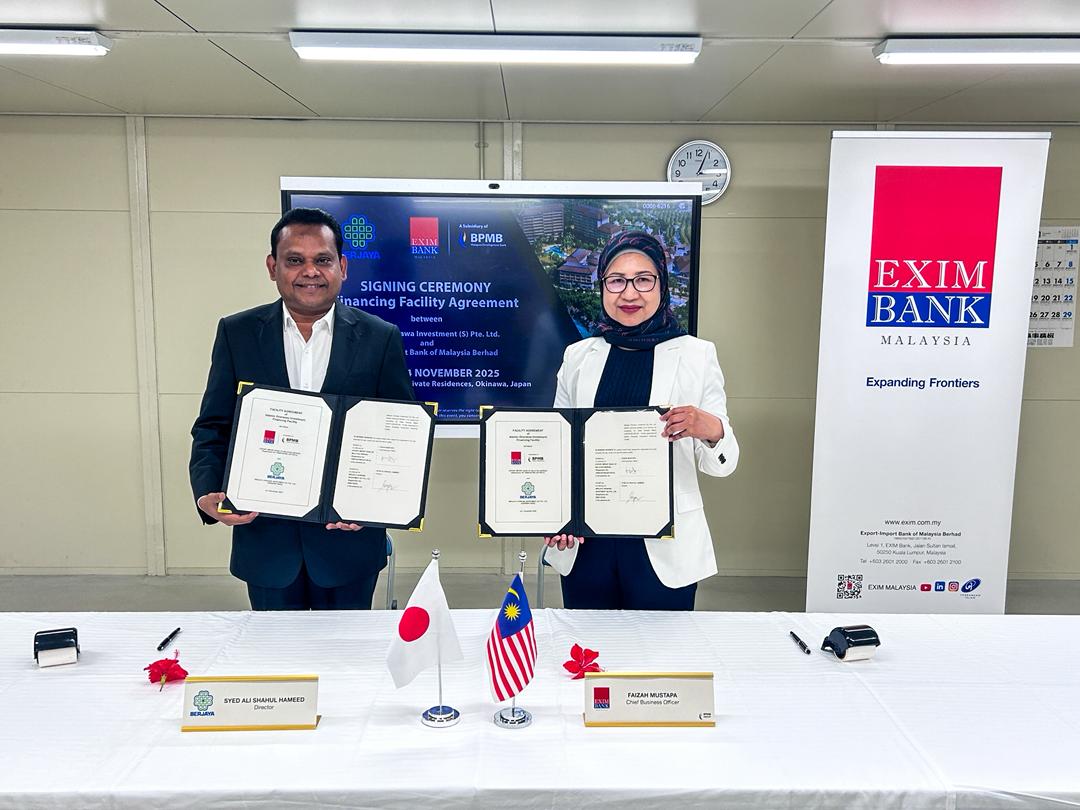 Syed Ali Shahul Hameed (left), group CEO of Berjaya Land Bhd and Faizah Mustapa, chief business officer of EXIM Bank Malaysia, at the signing of the financing agreement between Berjaya Okinawa Investment (S) Pte Ltd and EXIM Bank Malaysia.