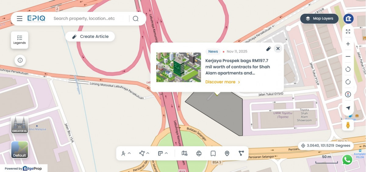 Location of the 39-storey apartment in Shah Alam (Source: EPIQ)