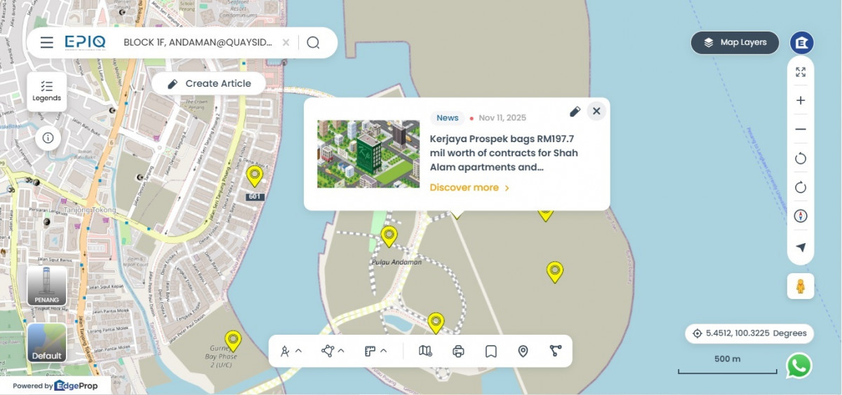 Location of the canal bridges on Andaman Island, Penang (Source: EPIQ)