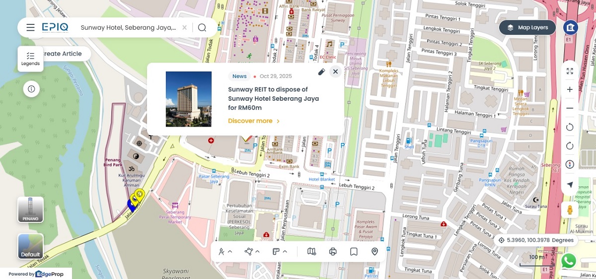 Location of Sunway Hotel Seberang Jaya (Source: EPIQ)