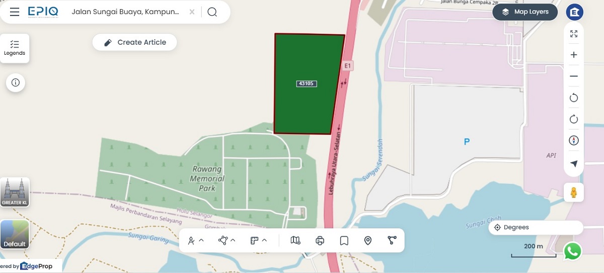 The freehold industrial land (in green) and factory building are located in Serendah Technology Park. (Source: EPIQ)