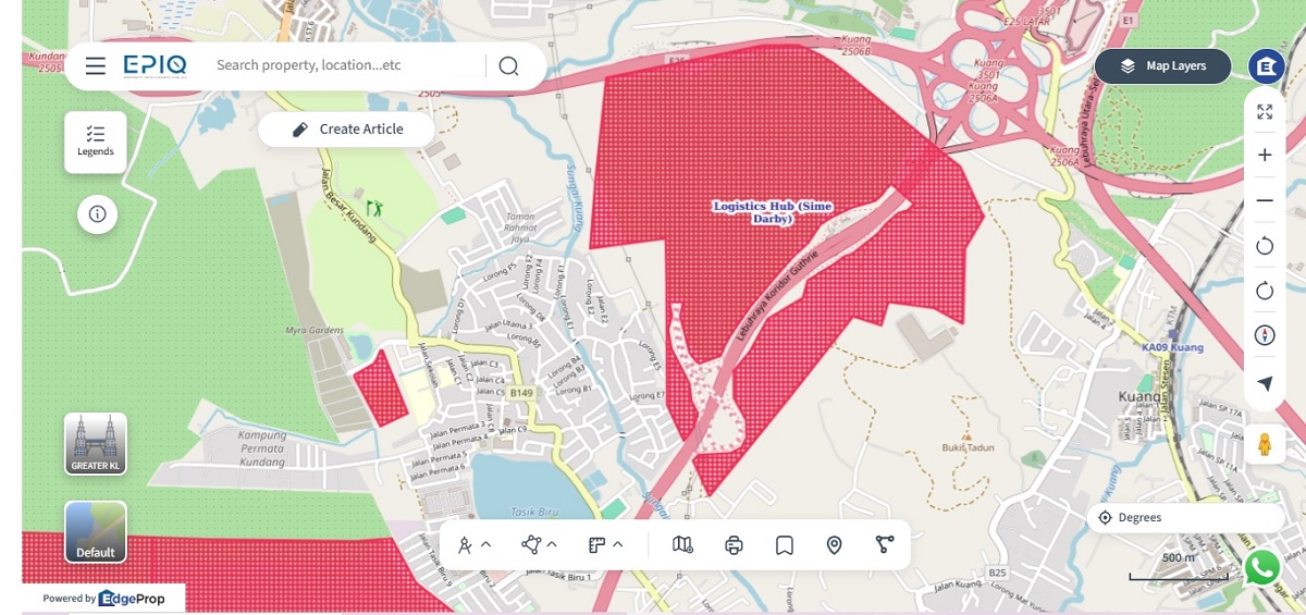 Elmina Business Park 2, marked here in red and as Logistics Hub (Sime Darby), spans 600 acres with a total GDV of RM1.72 billion (source: EPIQ)