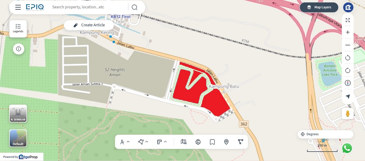 Location (in red) of the 12-acre S2 Lake Park (source: EPIQ)