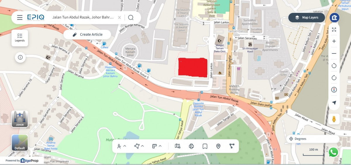 The Johor Bahru project (in red) will involve a mixed-use development on approximately 8.44 acres of freehold commercial land in Larkin (source: EPIQ)
