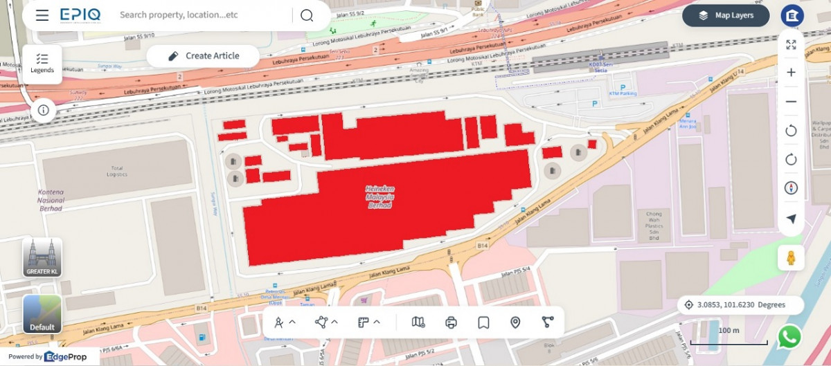 Location (in red) of Heineken Malaysia Bhd’s facility in Sungei Way, Lot 1135, Batu, 9, Jalan Klang Lama, Petaling Jaya, Selangor (source: EPIQ)