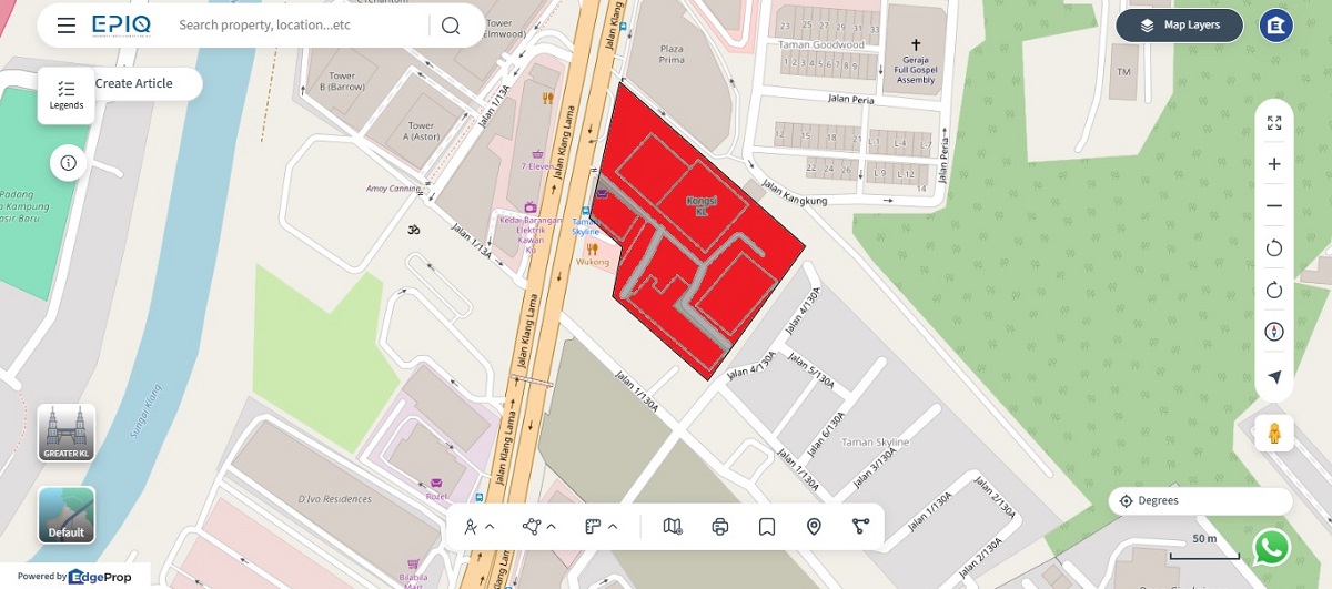 The temporary sales gallery will be located within Lot 43943 (in red), Jalan Klang Lama. (source: EPIQ)