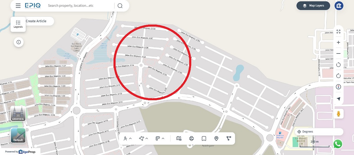 Villa Bayu, a proposed 3D-printed luxury bungalow, will be located at the Gentlebre Precinct (in red circle) of Eco Majestic in Semenyih, Selangor. (source: EPIQ)