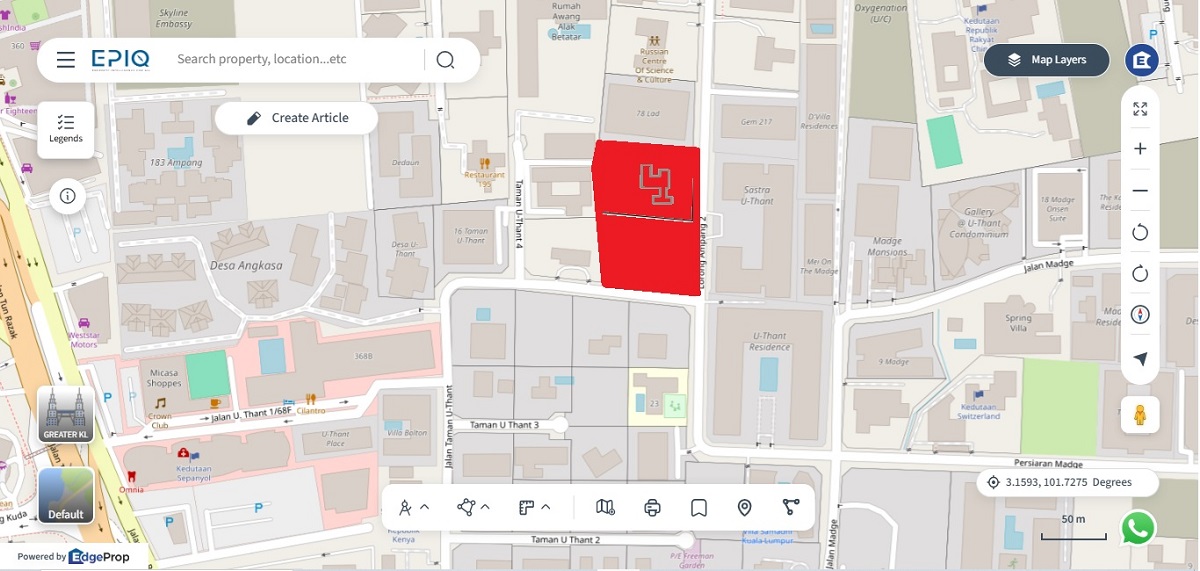Location (in red) of the three adjoining freehold land parcels in Taman U-Thant, Kuala Lumpur. (source: EPIQ)