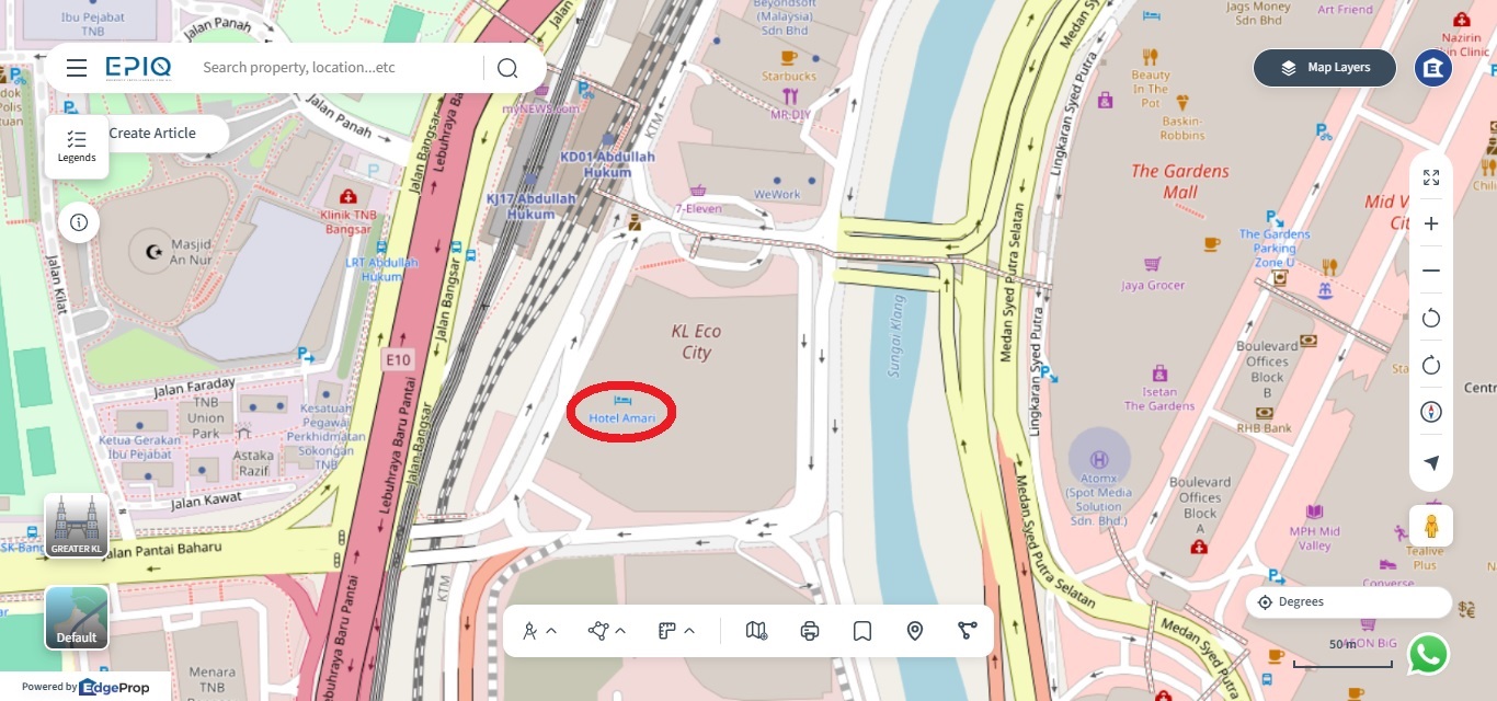 Amari Kuala Lumpur (in red circle) is located within KL Eco City. (source: EPIQ)