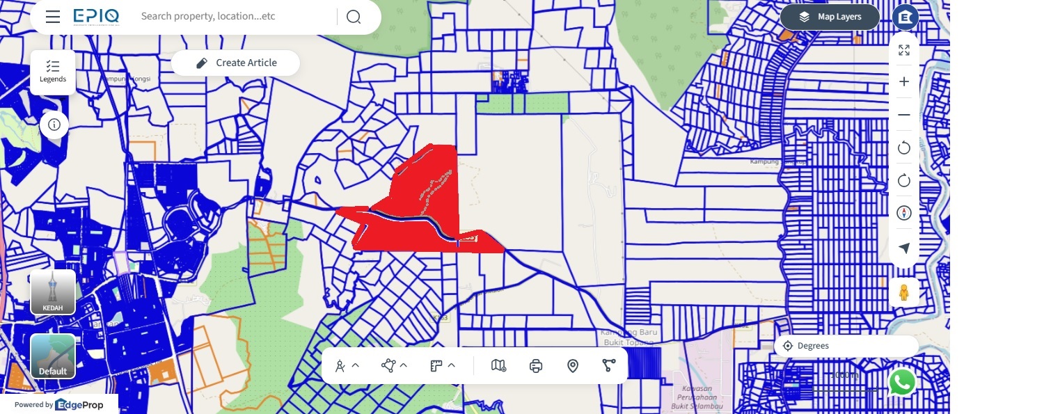 The site comprises Geran 10854 Lot 8601, Geran 10855 Lot 8602 and Geran 10535 Lot 8603 (all in red) in Mukim Sungai Petani, Kuala Muda district. (source: EPIQ)