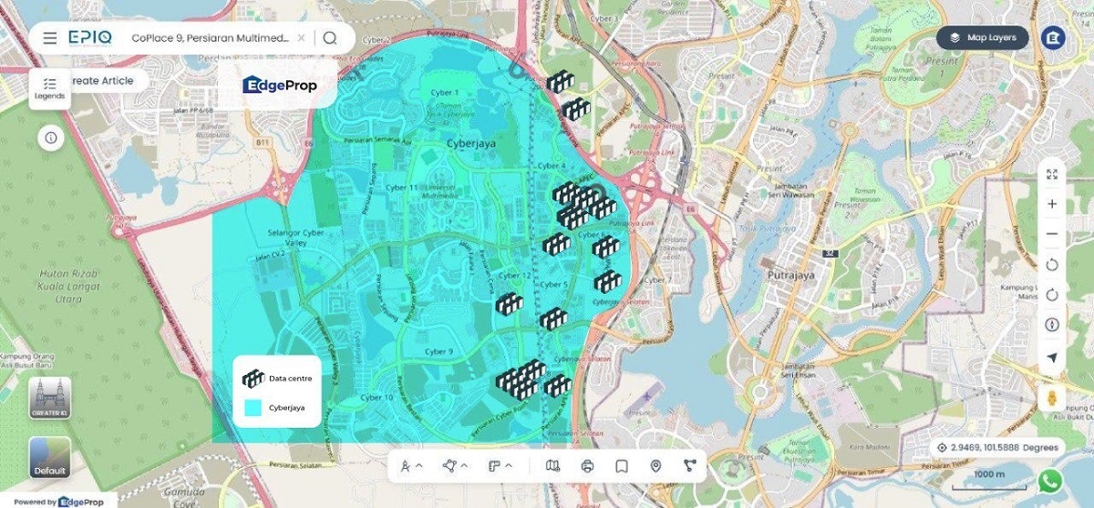 Grey tags show the many existing data centres in Cyberjaya (highlighted in turquoise).