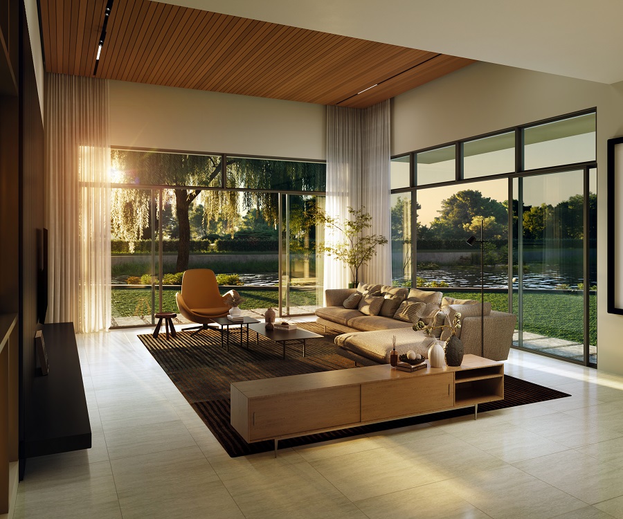 Living area with ample glass windows and up to 12-feet-high ceilings.
