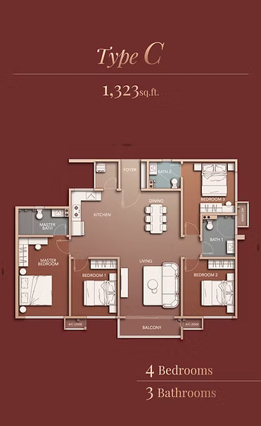 Type C . 1,323 sq ft . 4 Bedrooms + 3 Bathrooms
