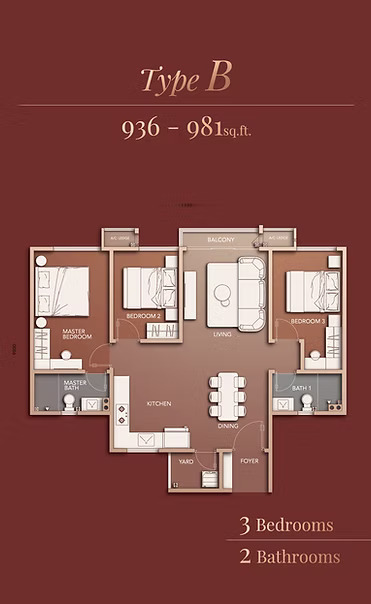 Type B . 936–981 sq ft . 3 Bedrooms + 2 Bathrooms