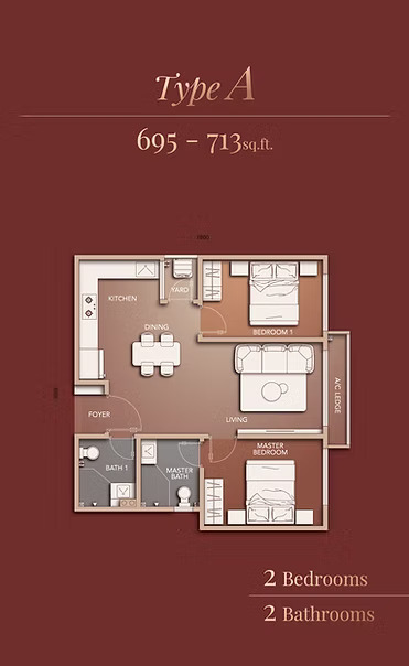 Type A . 695–713 sq ft . 2 Bedrooms + 2 Bathrooms