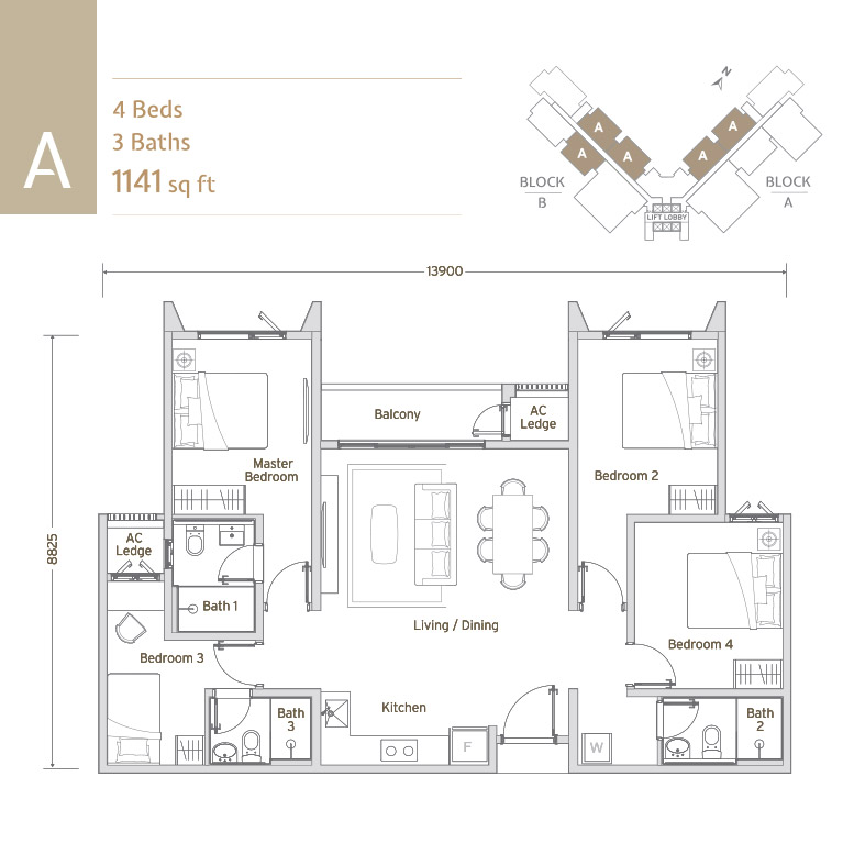 Type A . 1,141 sq ft . 4 Bedrooms + 3 Bathrooms