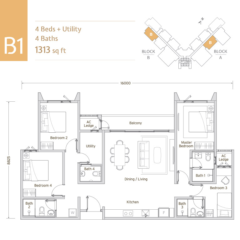 Type B1 . 1,313 sq ft . 4+1 Bedrooms + 4 Bathrooms