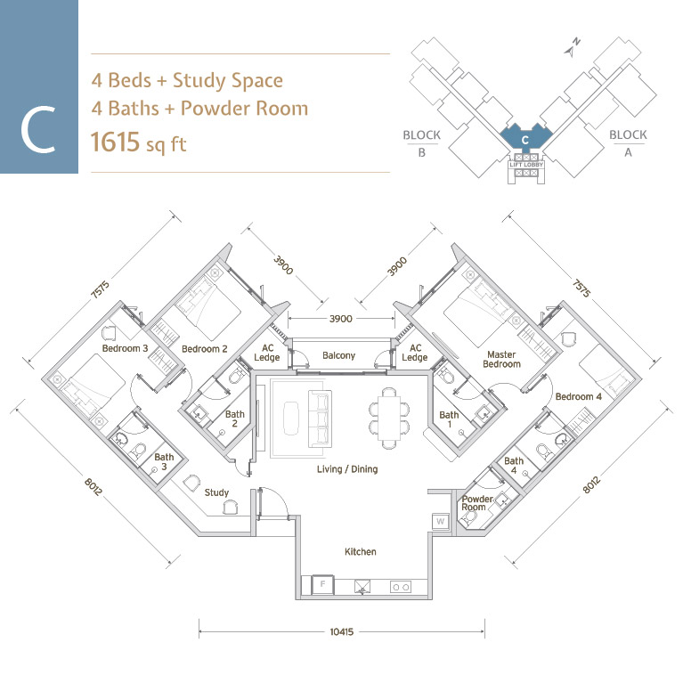 Type C . 1,615 sq ft . 4+1 Bedrooms + 4+1 Bathrooms