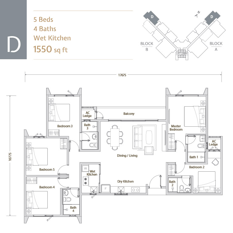 Type D . 1,550 sq ft . 5 Bedrooms + 4 Bathrooms