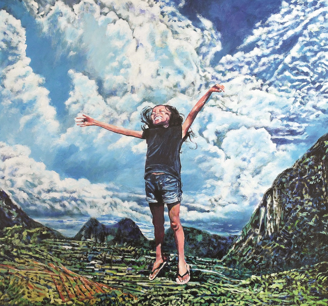 Jailani Abu Hassan, Kinta Chronicles, 2016 Bitumen and acrylic on canvas, 183cm x 183cm; A carefree little girl jumps for joy against the backdrop of Perak’s Kinta Valley and the hope that such iconic Malaysian landscapes will somehow escape the fetters of urbanisation.