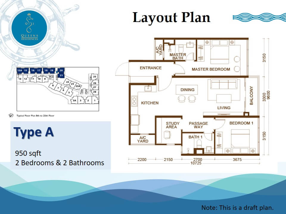 Type A . 950 sq ft . 2 Bedrooms + 2 Bathrooms