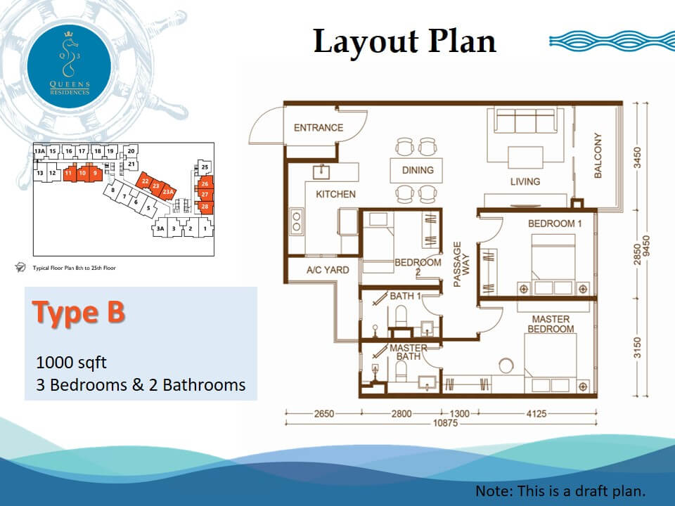 Type B . 1,000 sq ft . 3 Bedrooms + 2 Bathrooms