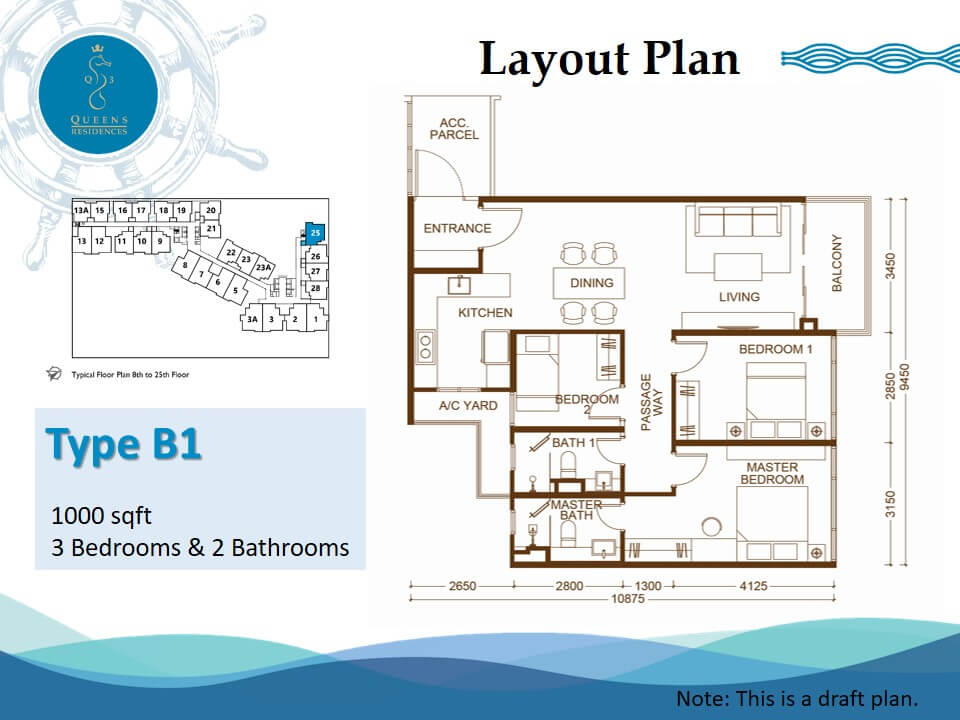 Type B1 . 1,000 sq ft . 3 Bedrooms + 2 Bathrooms