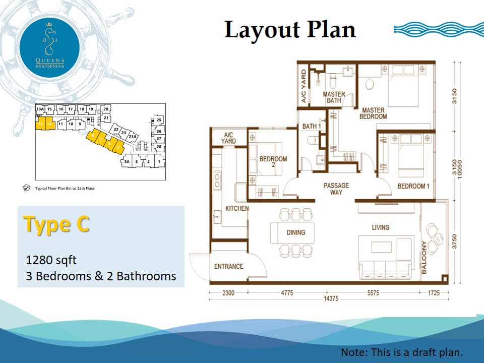Type C . 1,280 sq ft . 3 Bedrooms + 2 Bathrooms
