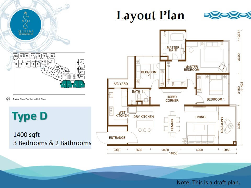 Type D . 1,400 sq ft . 3 Bedrooms + 2 Bathrooms