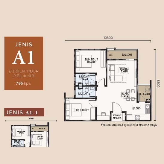 Type A1 . 795 sq ft . 2+1 Bedrooms + 2 Bathrooms