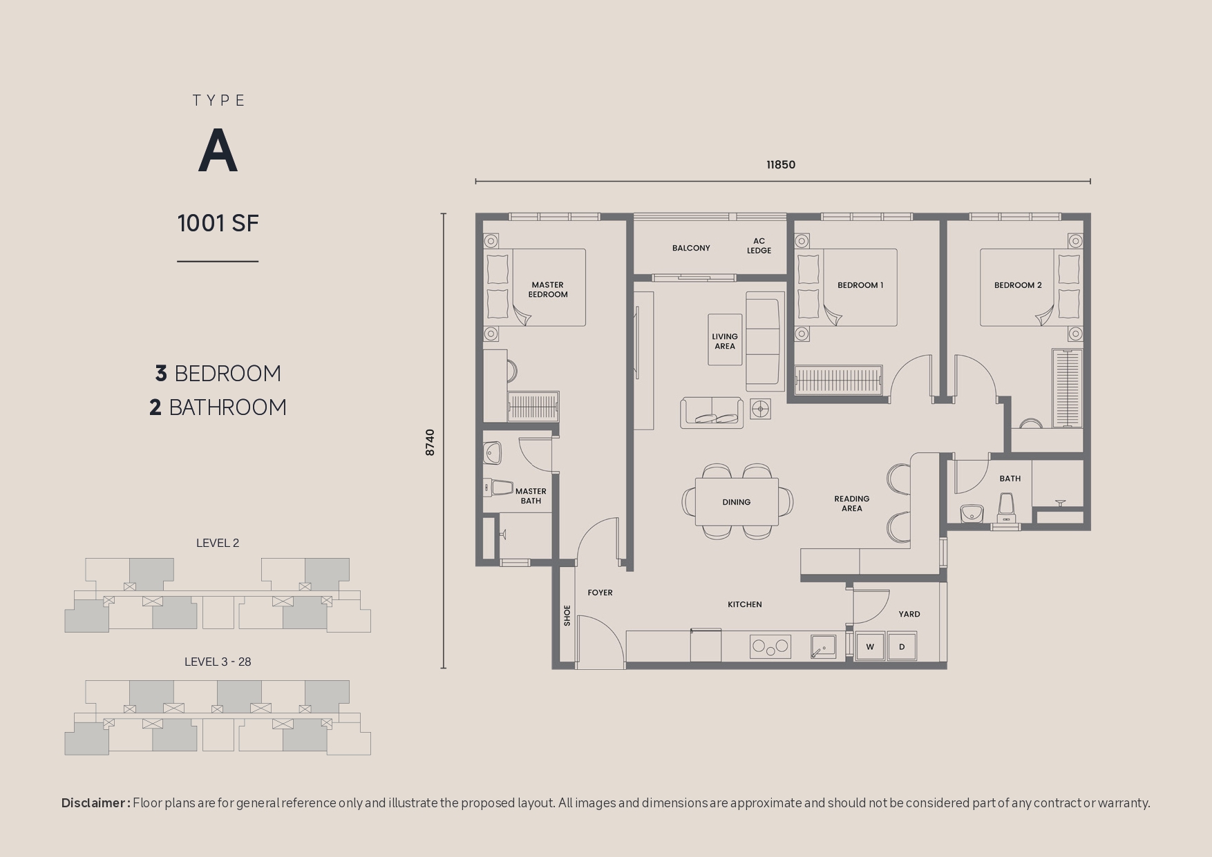 Type A . 1,001 sq ft . 3 Bedrooms + 2 Bathrooms