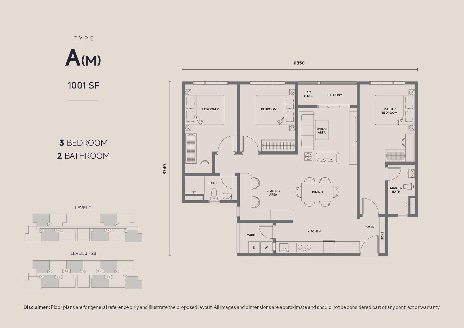 Type A(M) . 1,001 sq ft . 3 Bedrooms + 2 Bathrooms