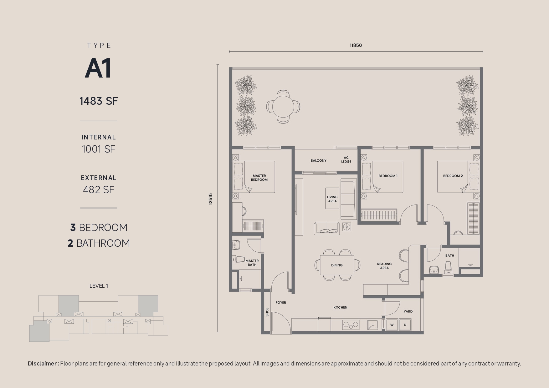 Type A1 . 1,483 sq ft . 3 Bedrooms + 2 Bathrooms