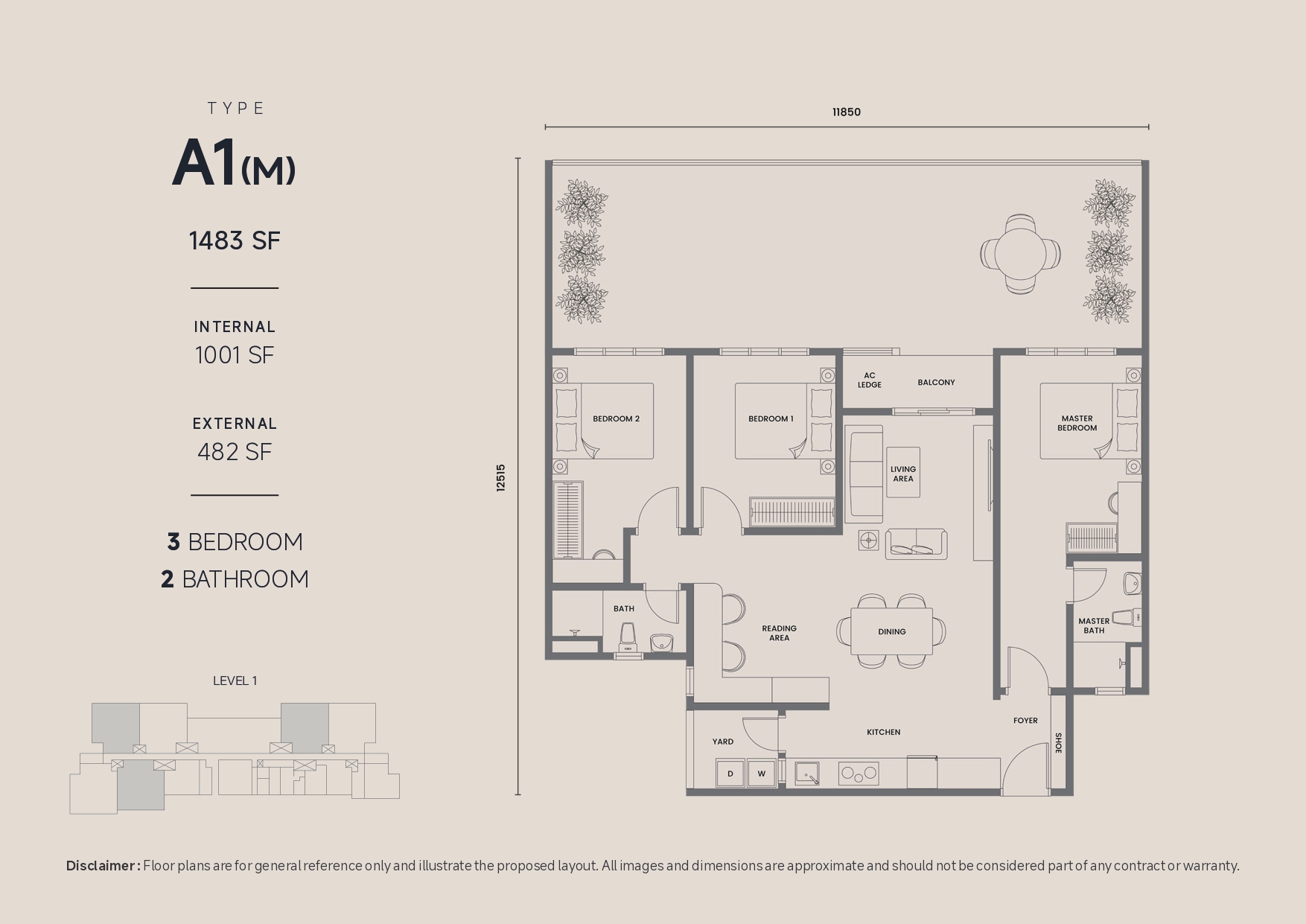Type A1(M) . 1,001 sq ft . 3 Bedrooms + 2 Bathrooms