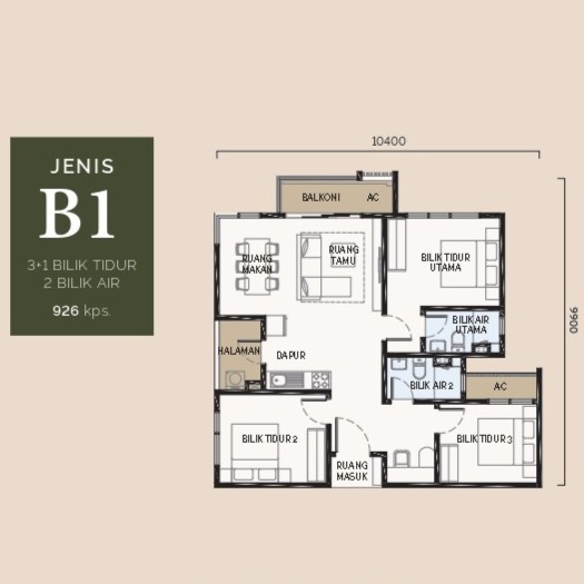 Type B1 . 926 sq ft . 3+1 Bedrooms + 2 Bathrooms