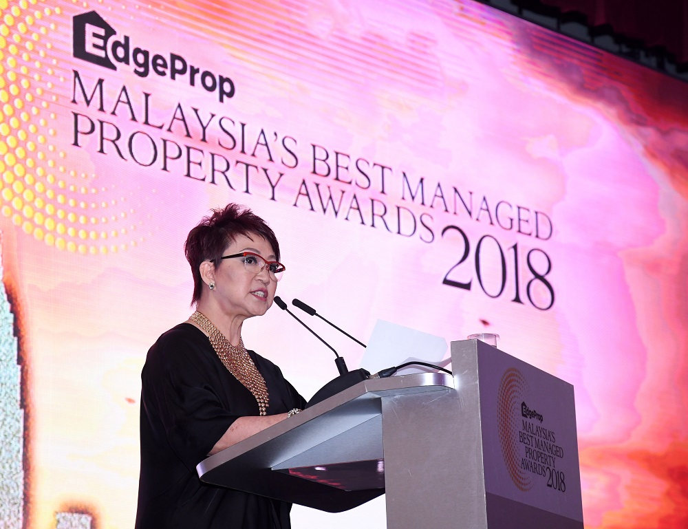 EdgeProp.my managing director and editor-in-chief Au Foong Yee delivering a speech during the awards giving ceremony.