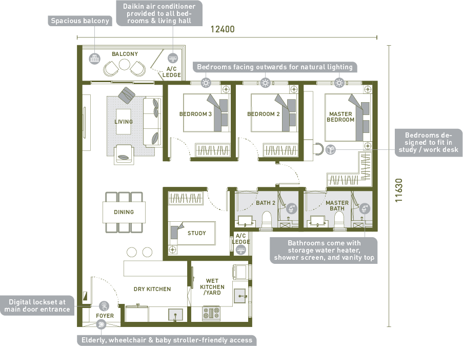 Type C . 1,198 sq ft . 3 + 1 Bedroom + 2 Bathroom