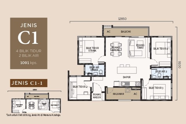 Type C1 . 1,091 sq ft . 4 Bedrooms + 2 Bathrooms