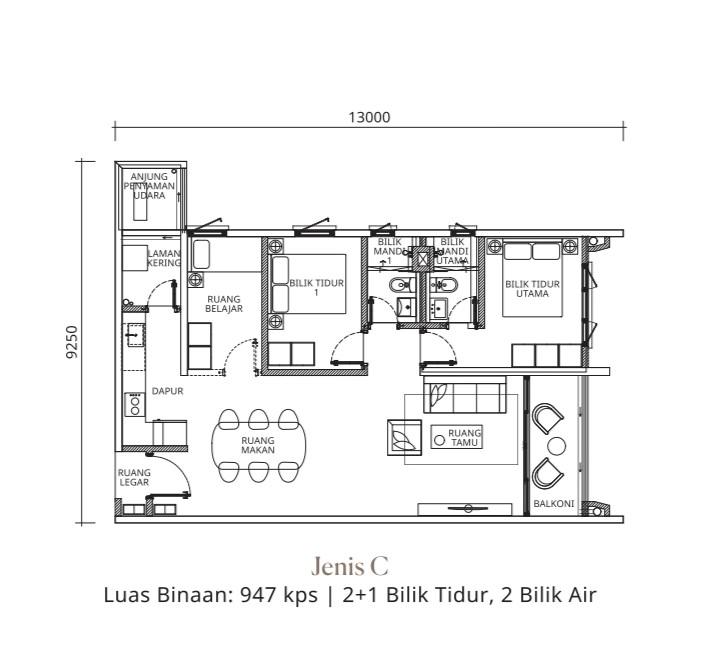Type C . 947 sq ft . 2+1 Bedrooms + 2 Bathrooms