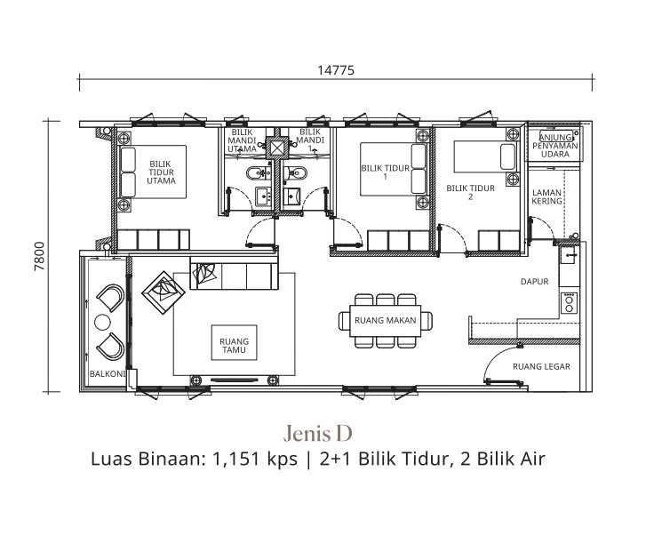 Type D . 1,151 sq ft . 2+1 Bedrooms + 2 Bathrooms