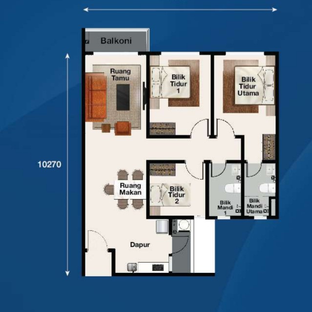 Type E . 900 sq ft . 3 Bedrooms + 2 Bathrooms