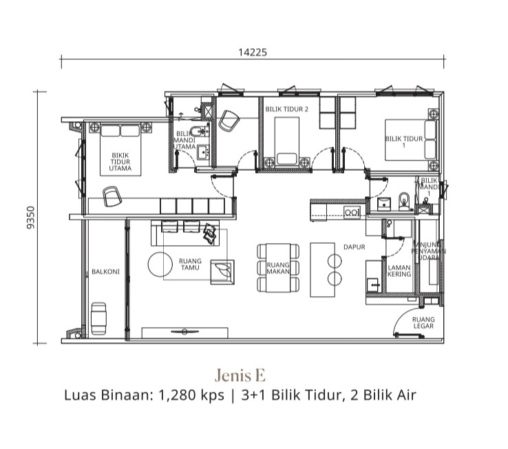 Type E . 1,280 sq ft . 3+1 Bedrooms + 2 Bathrooms