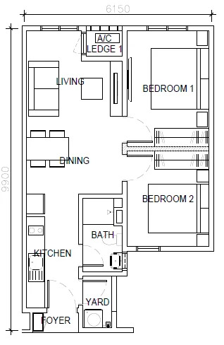 Type A . 550 sq ft . 2 Bedrooms + 1 Bathrooms