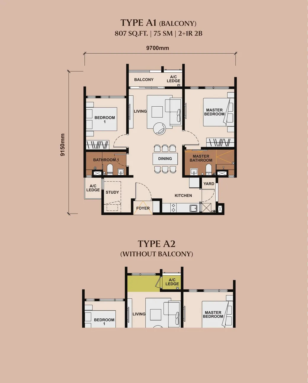 Type A . 807 sq ft . 2+1 Bedrooms + 2 Bathrooms