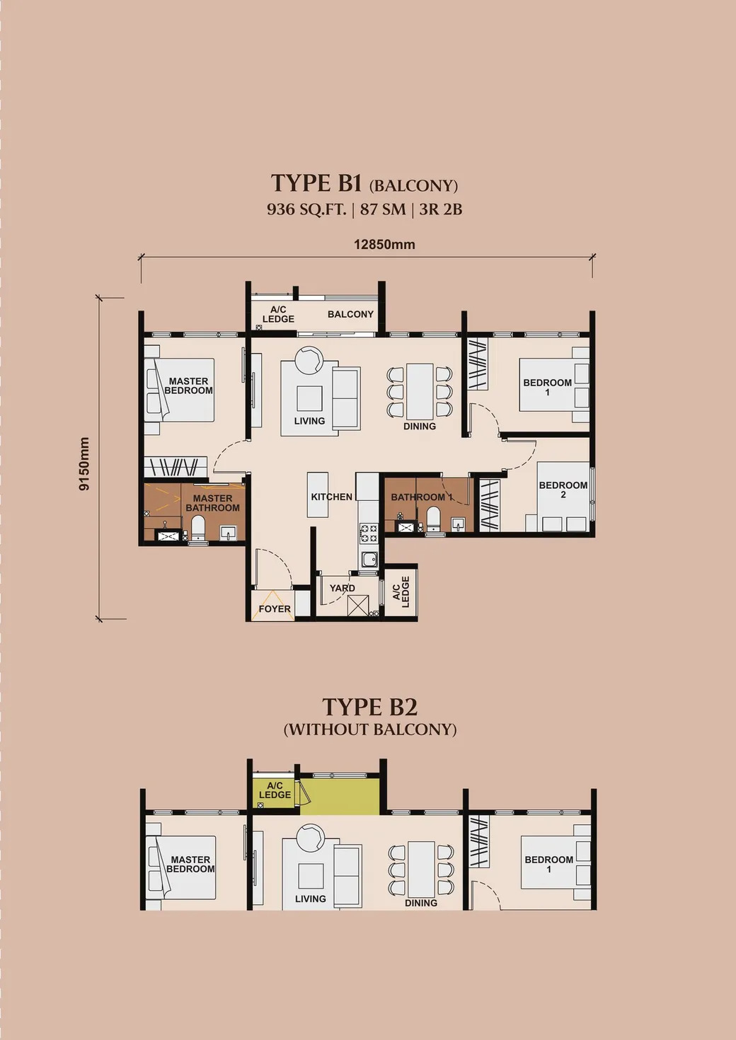 Type B . 936 sq ft . 3 Bedrooms + 2 Bathrooms