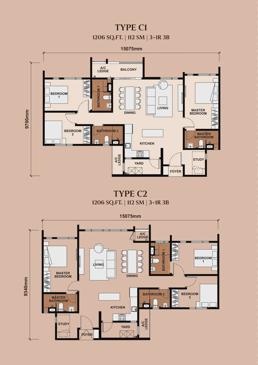 Type C . 1,206 sq ft . 3+1 Bedrooms + 3 Bathrooms