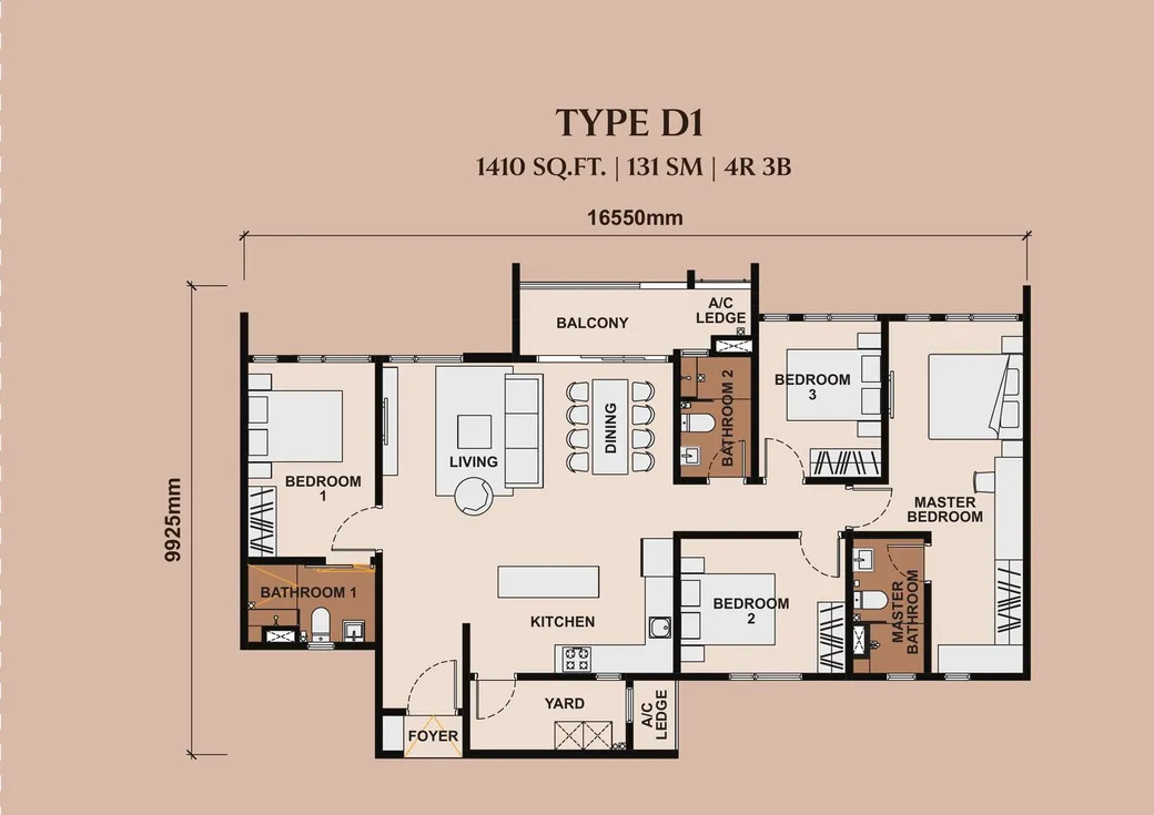 Type D . 1,410 sq ft . 4 Bedrooms + 3 Bathrooms