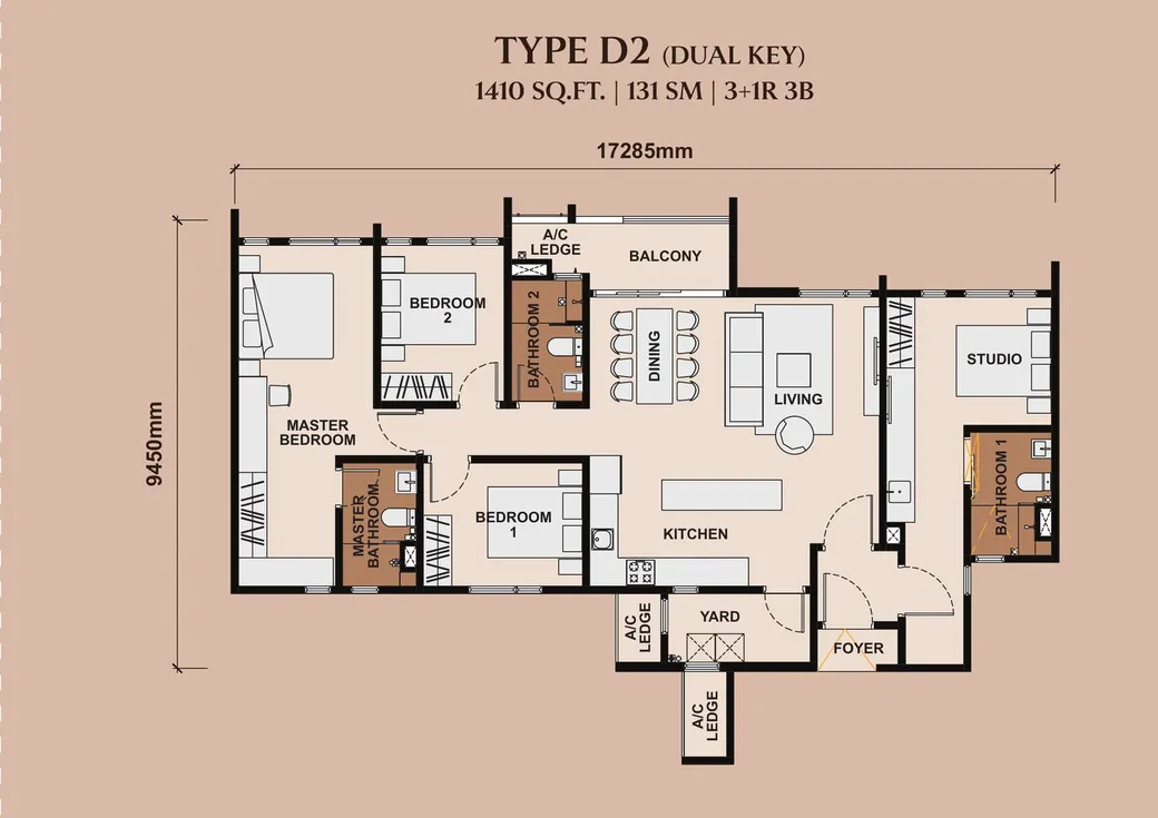 Type D2 . 1,410 sq ft . 1 Studio + 3 Bedrooms + 3 Bathrooms (dual key)